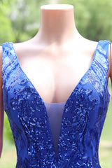 Royal Blue Mermaid Sequin Court Tain Sparkle V-neck Sleeveless Prom Dresses-Ballbella