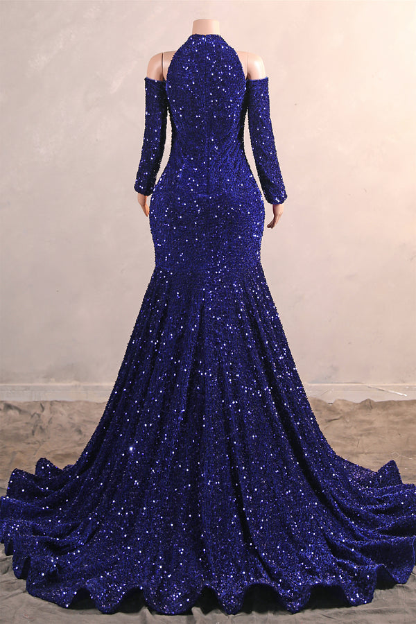 Royal Blue Sequin Mermaid High Neck Keyhole Prom Dresses