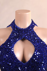 Royal Blue Sequin Mermaid High Neck Keyhole Prom Dresses