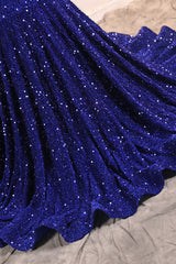 Royal Blue Sequin Mermaid High Neck Keyhole Prom Dresses