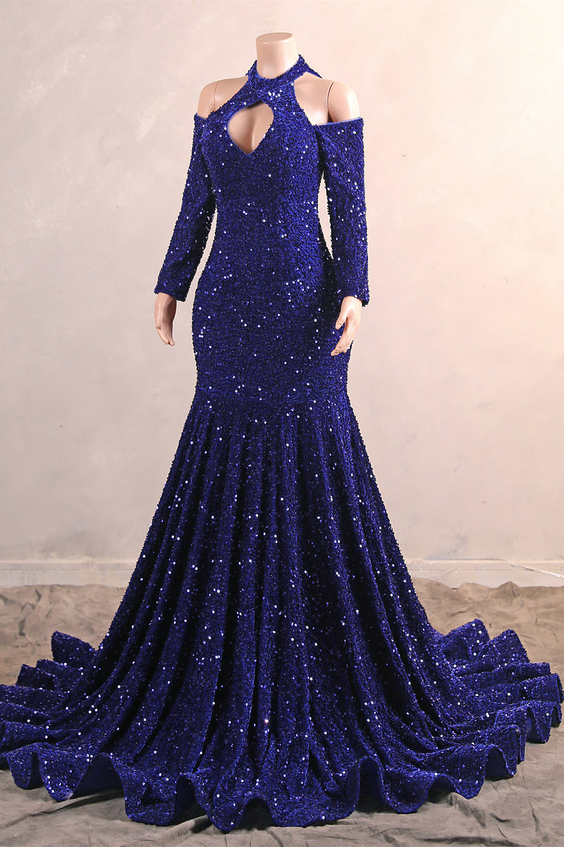 Royal Blue Sequin Mermaid High Neck Keyhole Prom Dresses