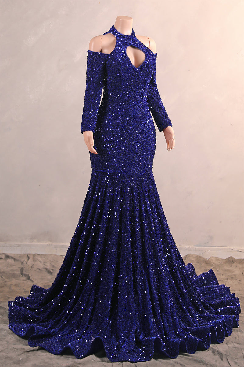 Royal Blue Sequin Mermaid High Neck Keyhole Prom Dresses