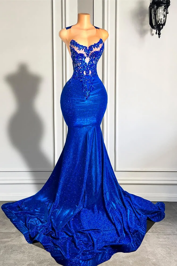 Royal Blue Round neck Mermaid Court Train Prom Dresses