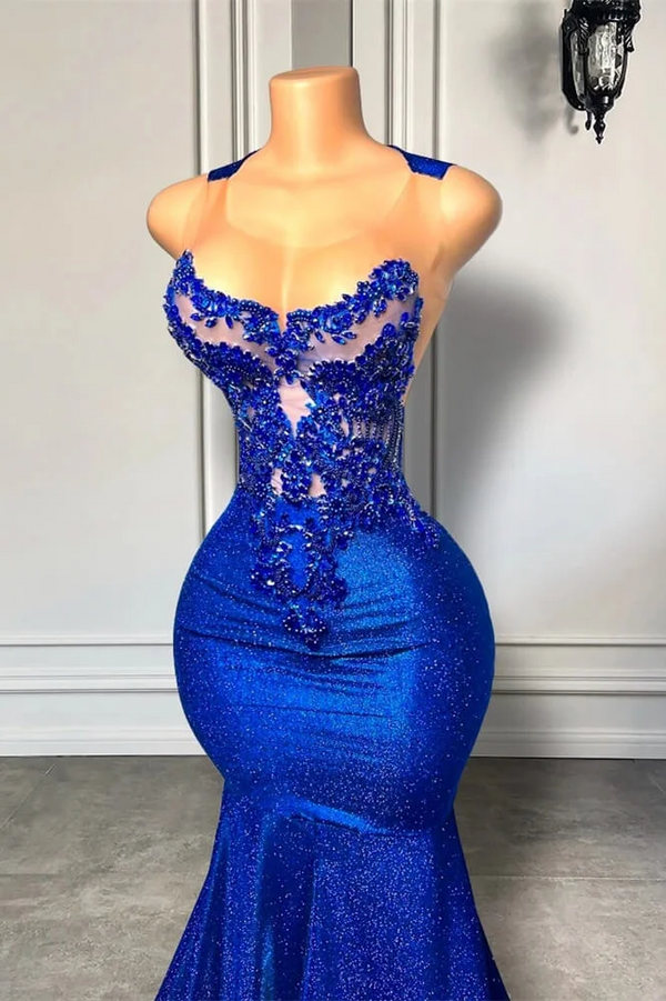 Royal Blue Round neck Mermaid Court Train Prom Dresses