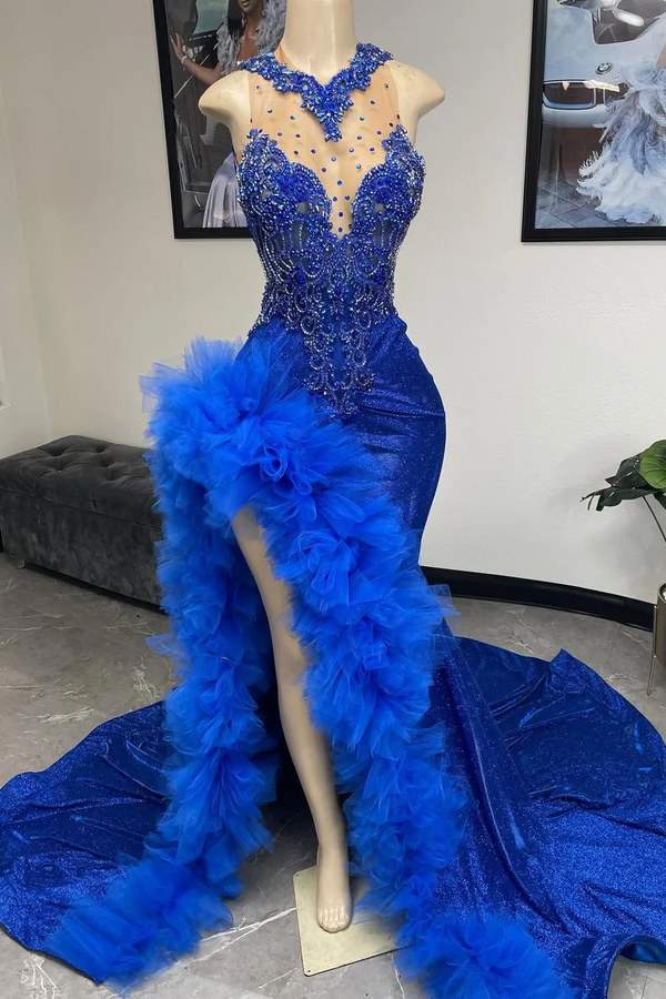 Royal Blue Ruffles High Split Court Train Sleeveless Hugh neck Prom Dresses