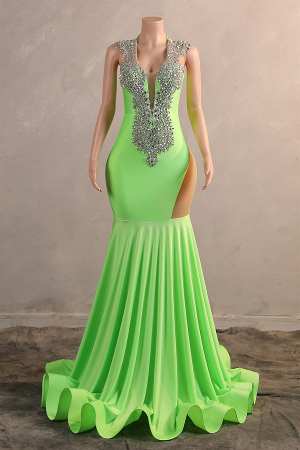 Sage Green Silver Beaded Luxury Mermaid Floor Length Prom Dresses