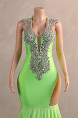 Sage Green Silver Beaded Luxury Mermaid Floor Length Prom Dresses