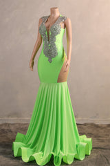 Sage Green Silver Beaded Luxury Mermaid Floor Length Prom Dresses