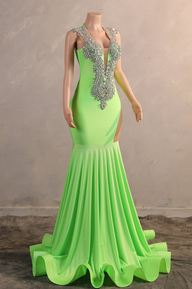 Sage Green Silver Beaded Luxury Mermaid Floor Length Prom Dresses