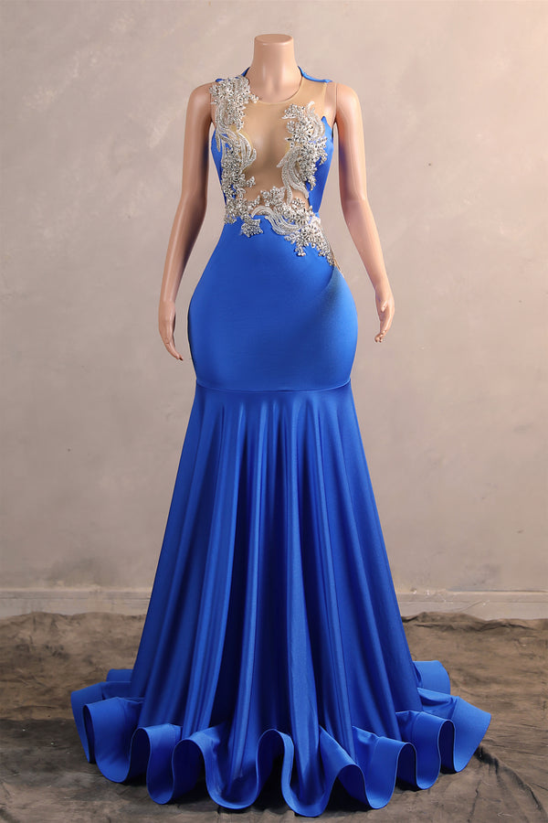 Silver Appliques Blue Satin Mermaid Sleeveless Prom Dresses