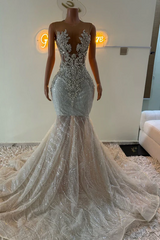 Sleeveless Silver Sparkle Appliques V-neck Mermaid Court Train Prom Dresses