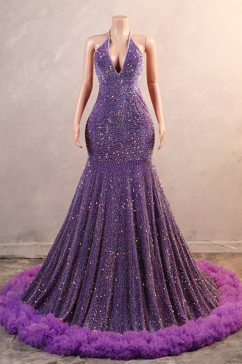 Sparkle Sequin Purple Halter V-neck Sleeveless Feathers Prom Dresses