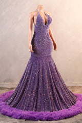 Sparkle Sequin Purple Halter V-neck Sleeveless Feathers Prom Dresses