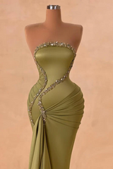 Elegant Strapless Silver Beaded Mermaid Olive Green Satin Floor length Prom Dresses