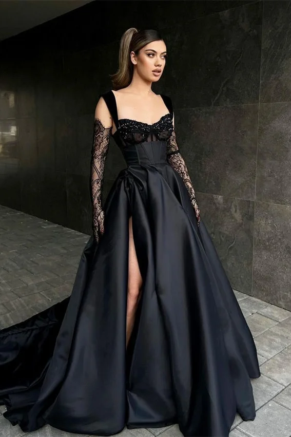 Straps Black Sweetheart Satin High Split A-line Prom Dresses