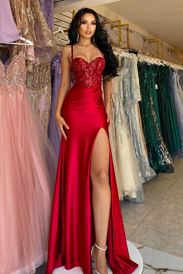 Straps Burgundy Sweetheart High Split A-line Floor length Prom Dresses