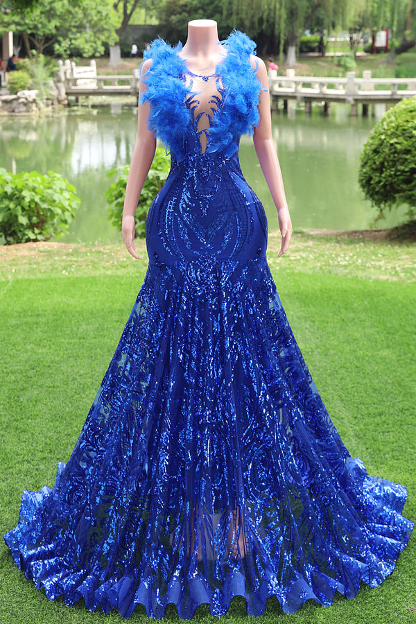 V-neck Royal Blue Feathers Sparkle Sequin Sleeveless Prom Dresses