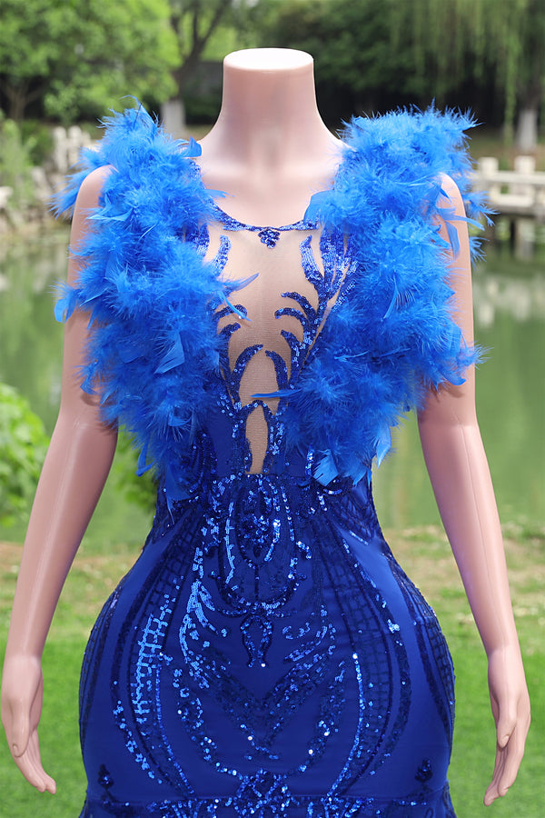 V-neck Royal Blue Feathers Sparkle Sequin Sleeveless Prom Dresses