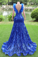 V-neck Royal Blue Feathers Sparkle Sequin Sleeveless Prom Dresses-Ballbella