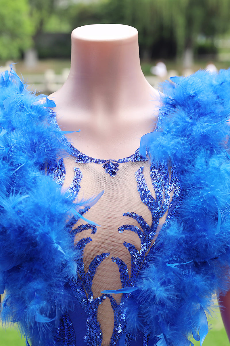 V-neck Royal Blue Feathers Sparkle Sequin Sleeveless Prom Dresses-Ballbella