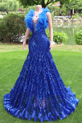 V-neck Royal Blue Feathers Sparkle Sequin Sleeveless Prom Dresses-Ballbella