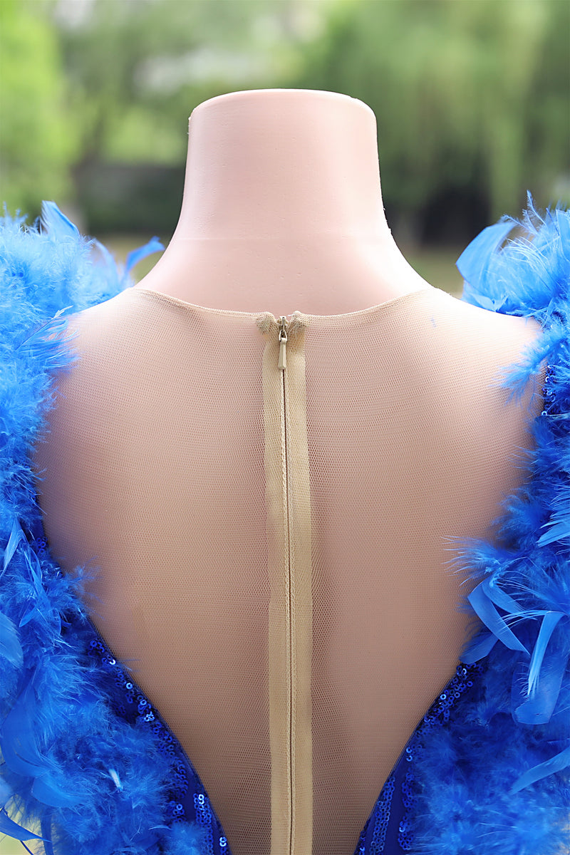 V-neck Royal Blue Feathers Sparkle Sequin Sleeveless Prom Dresses-Ballbella