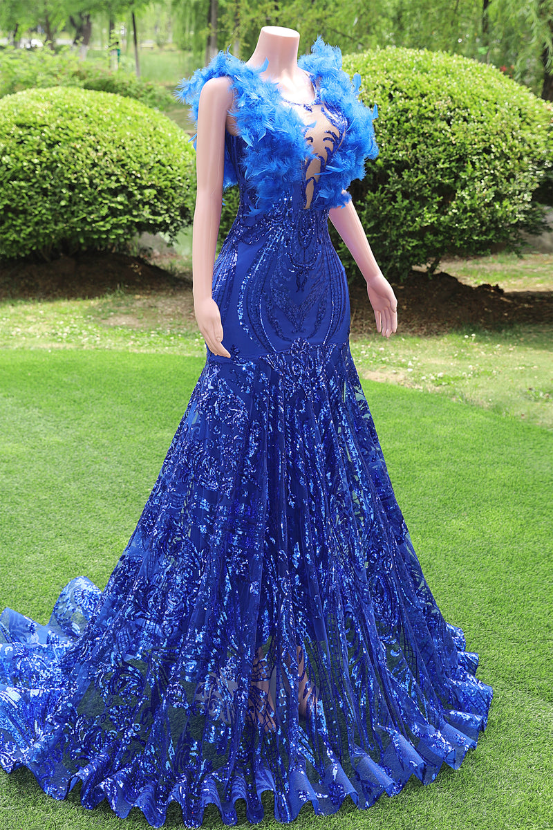 V-neck Royal Blue Feathers Sparkle Sequin Sleeveless Prom Dresses-Ballbella