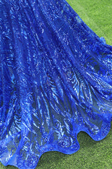 V-neck Royal Blue Feathers Sparkle Sequin Sleeveless Prom Dresses-Ballbella