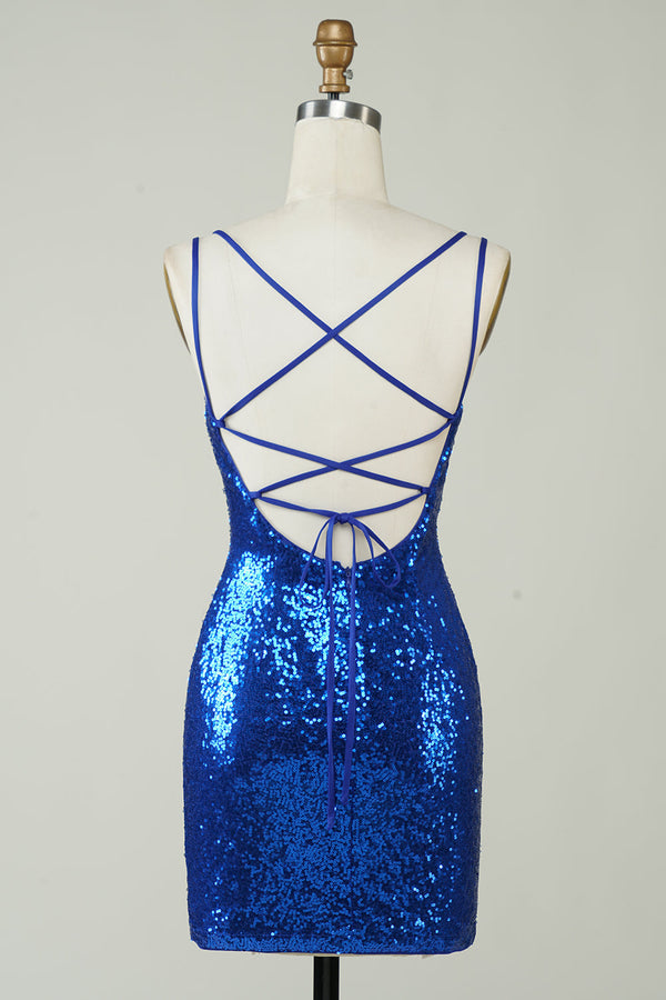 Elegant Royal Blue Sequined Backless Tight Homecoming Dress-Ballbella