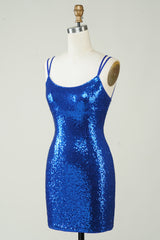 Elegant Royal Blue Sequined Backless Tight Homecoming Dress-Ballbella