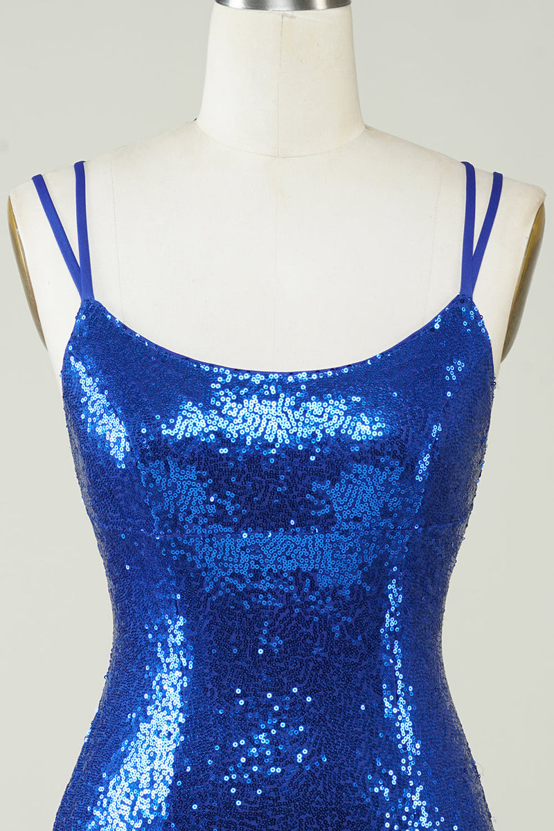 Elegant Royal Blue Sequined Backless Tight Homecoming Dress-Ballbella