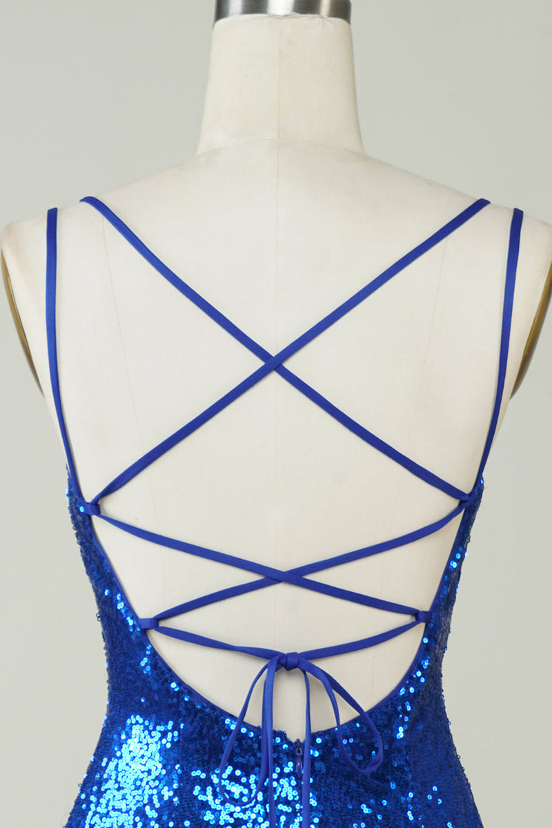 Elegant Royal Blue Sequined Backless Tight Homecoming Dress-Ballbella