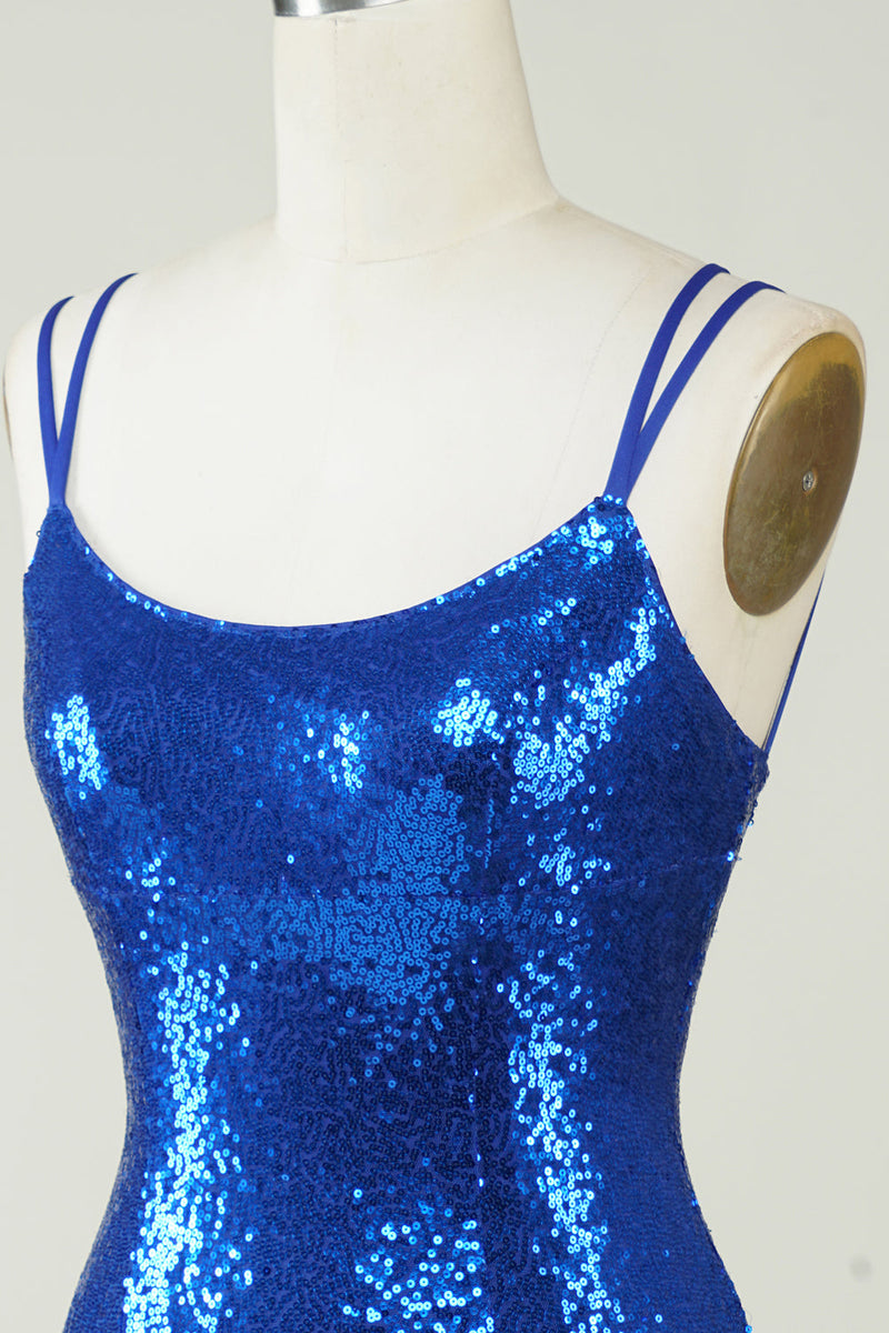 Elegant Royal Blue Sequined Backless Tight Homecoming Dress-Ballbella