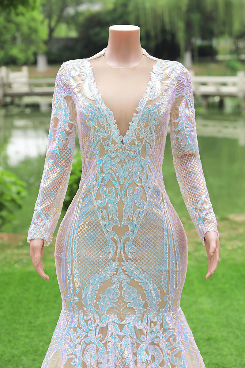 White V-neck Long sleeves Mermaid Sparkle Sequin Prom Dresses