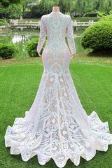 White V-neck Long sleeves Mermaid Sparkle Sequin Prom Dresses