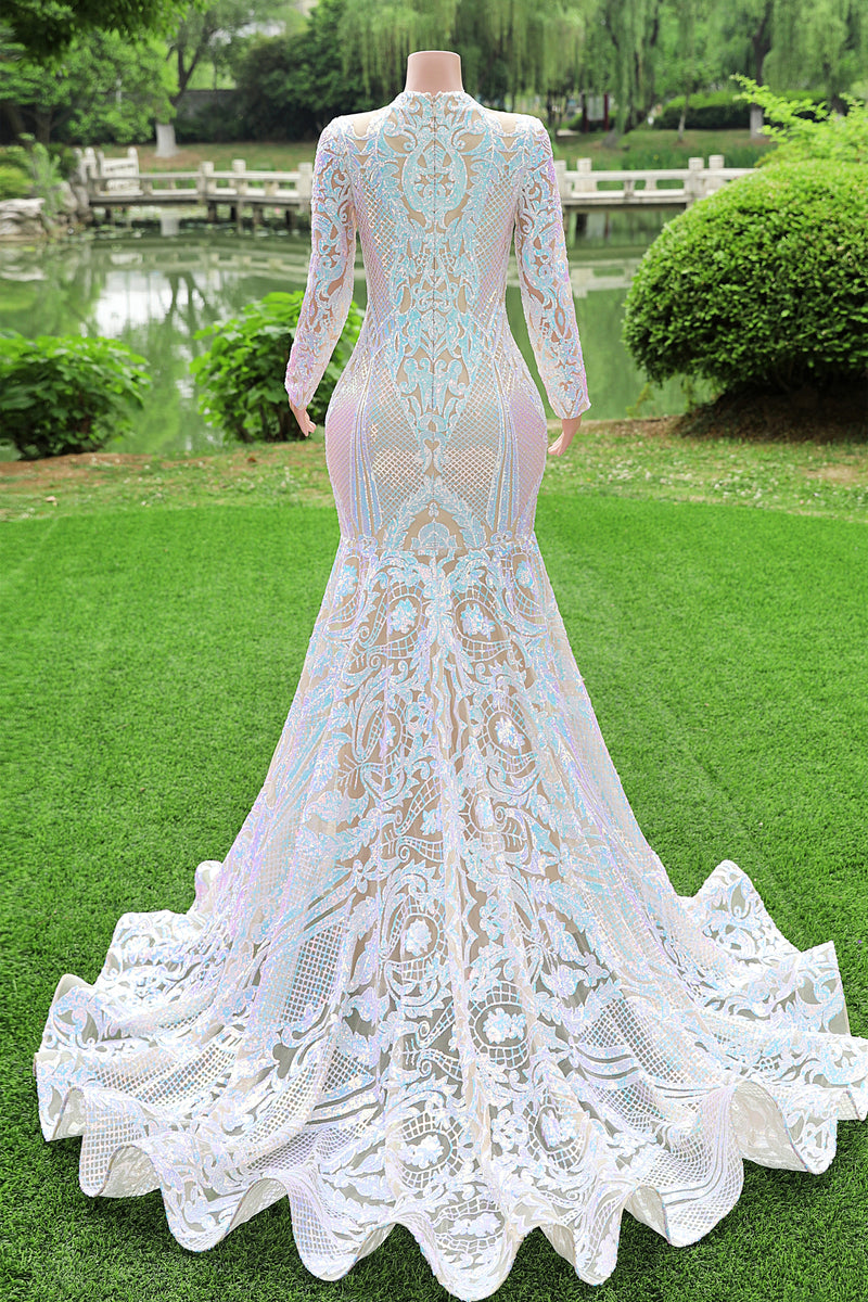 White V-neck Long sleeves Mermaid Sparkle Sequin Prom Dresses