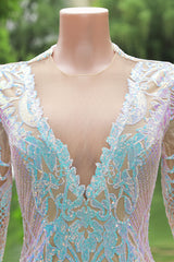 White V-neck Long sleeves Mermaid Sparkle Sequin Prom Dresses