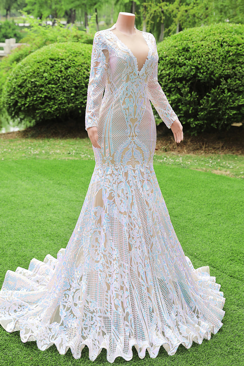 White V-neck Long sleeves Mermaid Sparkle Sequin Prom Dresses