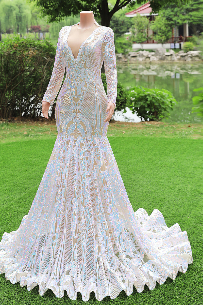 White V-neck Long sleeves Mermaid Sparkle Sequin Prom Dresses