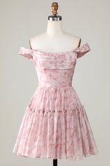 Blush Printed A-Line Homecoming Dress with Ruffles-Ballbella