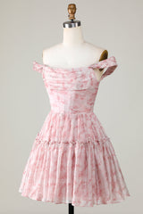 Blush Printed A-Line Homecoming Dress with Ruffles-Ballbella