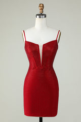 Red Beaded Sheath Spaghetti Strap Homecoming Dress-Ballbella