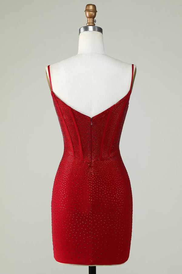 Red Beaded Sheath Spaghetti Strap Homecoming Dress-Ballbella