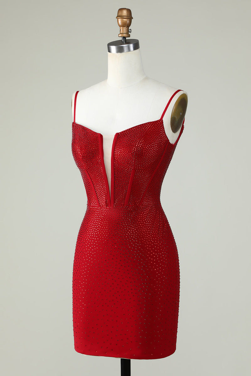 Red Beaded Sheath Spaghetti Strap Homecoming Dress-Ballbella