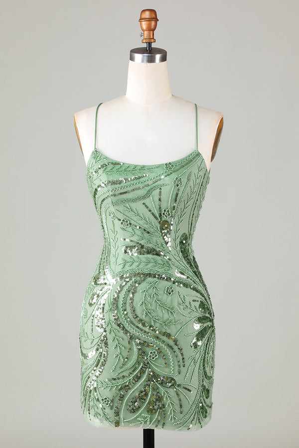 Green Sparkly Sheath Spaghetti Strap Homecoming Dress with Criss Cross Back-Ballbella