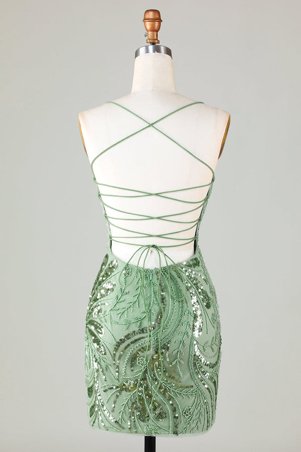 Green Sparkly Sheath Spaghetti Strap Homecoming Dress with Criss Cross Back-Ballbella