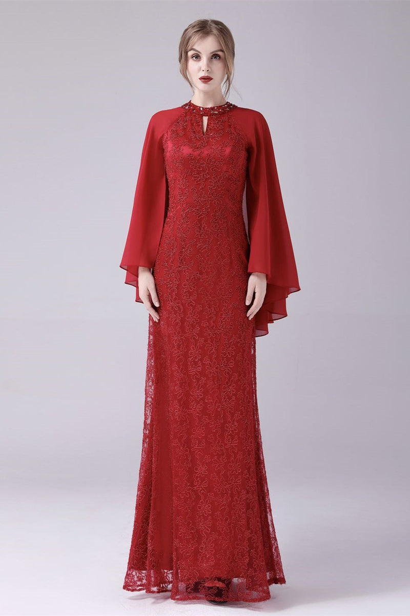 A-Line ankle-length high collar beaded mother's dress-Ballbella