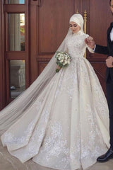 A line Ball Gown Sequins Long Sleeves Highneck Wedding Gown-Ballbella