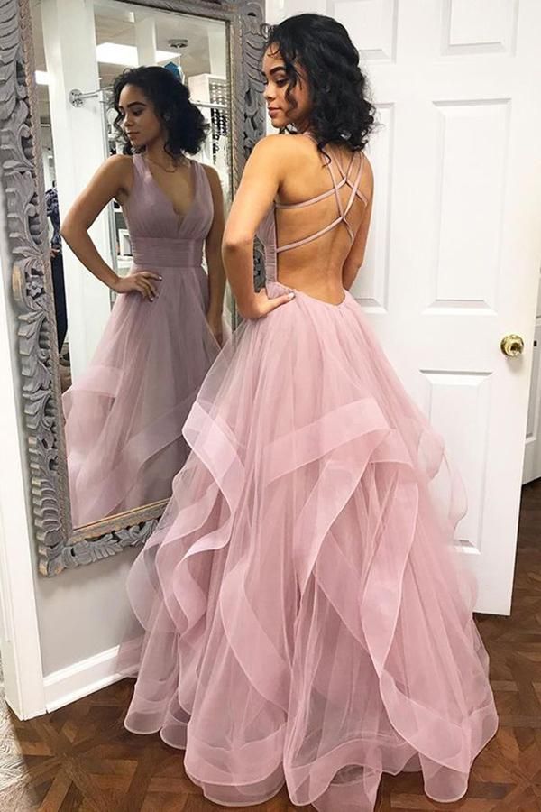 A-Line Chic Pink Halter Ruffle Sleeveless Prom Dresses-Ballbella