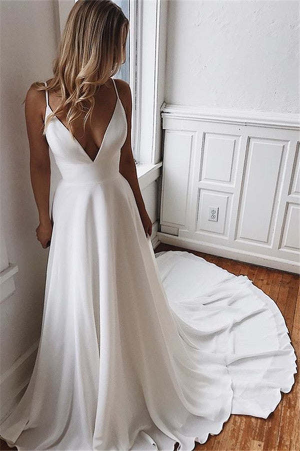 A-line Deep V-neck Court Spaghetti Strap Chiffon Crochet Flower Backless Wedding Dress-Ballbella